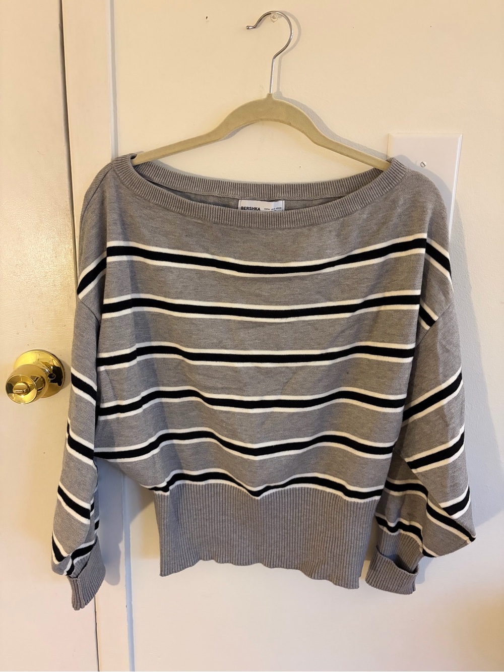 Bershka Gray Black & White Striped Boatneck Sweater